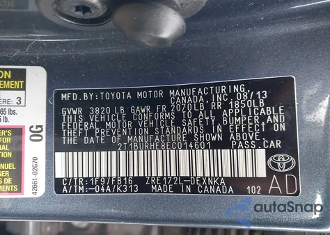 2014 Toyota Corolla Le from USA, damaged, VIN 2T1BURHE8EC014601